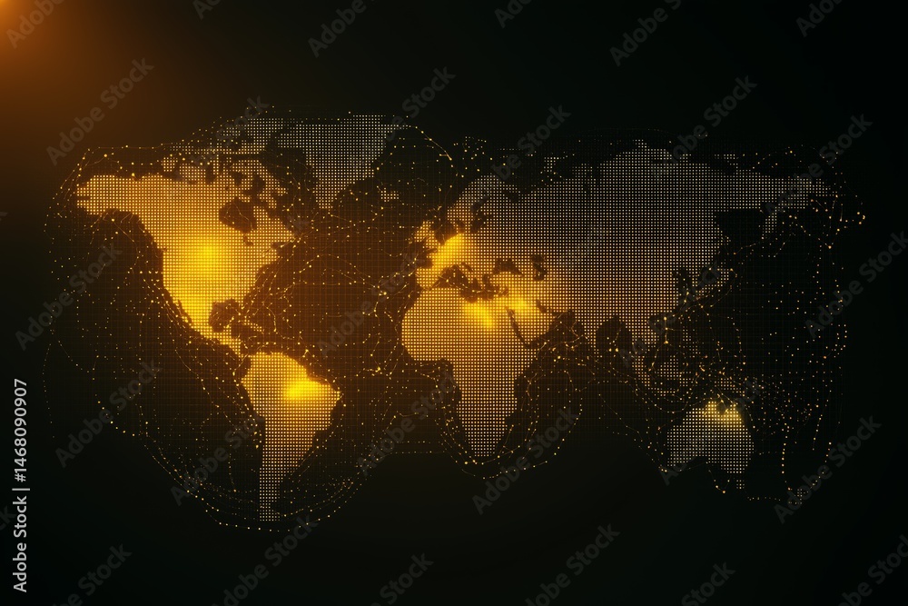 Poster Glowing digital world map with bright orange light points and lines showing futuristic global tech network, Generative AI