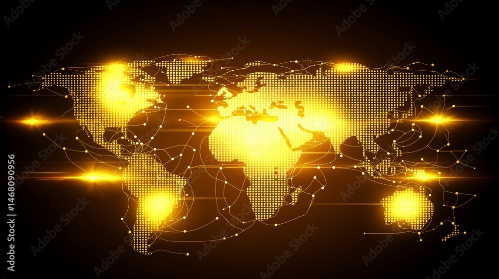 Poster Bright golden digital world map with glowing nodes and global network lines on dark background, Generative AI