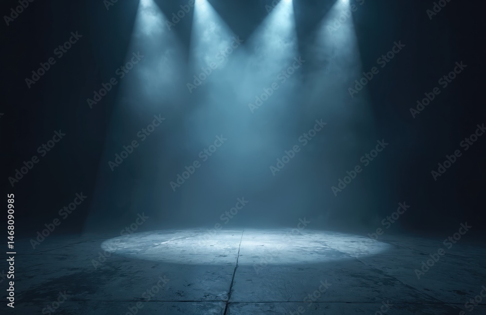 Poster empty stage with spotlight beams through smoky atmosphere. dark room with illuminated floor suitable