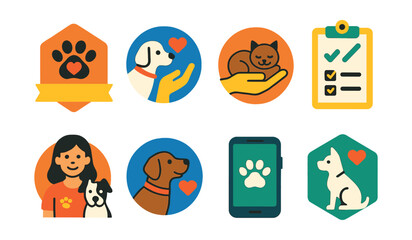 Flat vector icons of pet adoption and rescue: animal shelter adoption badge, pet rescue mission icon, foster pet program guide, pet adoption checklist, volunteer at shelter badge, senior pet adoption