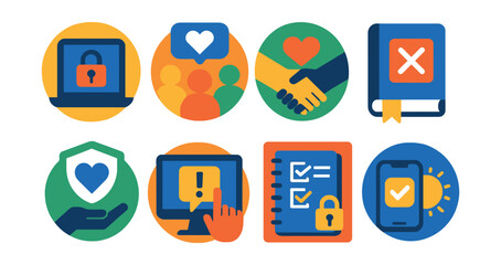 Flat vector icons of healthy online communication: setting online boundaries badge, building positive online communities badge, supporting friends online icon, saying no online guide, digital empathy
