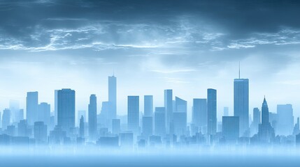 Obraz premium Ethereal cityscape in monochromatic blue tones conveys futuristic urban dreamscapes and advanced architectural visualization elements