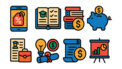 Flat vector icons of student finance management: student discounts tracking app badge, managing scholarship funds planner, budgeting for books and supplies badge, saving money in college badge,