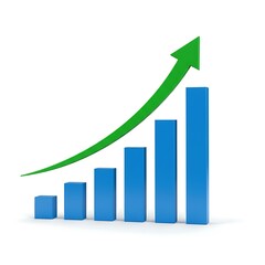 Blue graph with a green arrow pointing upwards isolated on white background