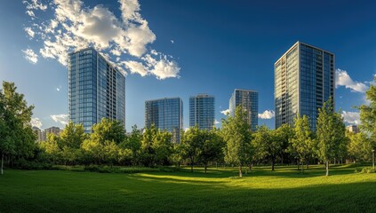 Obraz premium Modern high-rise buildings stand tall amidst a lush park. Sunny day with a clear blue sky and fluffy white clouds