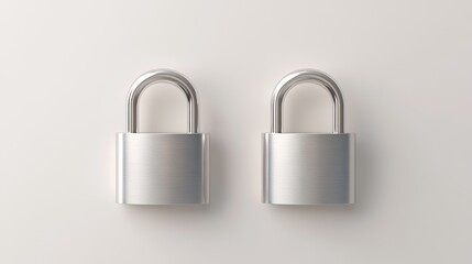 Fototapeta premium Metallic padlocks are showcased in a set, with examples of steel silver padlocks in both the closed and open state, isolated on a white background and included in a chrome locks template, designed as