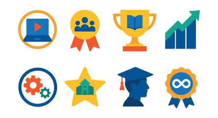 Flat vector icons of education and learning forecasts: online learning adoption forecast badge, student enrollment growth medal, literacy rate improvement prediction trophy, education technology