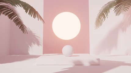 A minimalist white platform with a white sphere sits in the center of a pink room, flanked by palm trees.