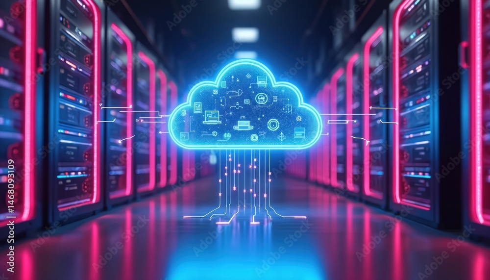 Aufkleber Digital cloud computing concept. Neon cloud with data transmission lines in server room. Data center with high-tech server racks. Network technology. Backup, data storage, data center, secure network.