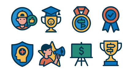Flat vector icons of youth and student opinion surveys: teen lifestyle survey badge, university life satisfaction poll trophy, high school career preferences medal, young voters opinion poll ribbon,