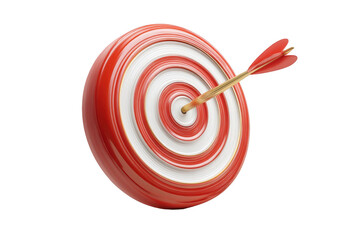 Red and white target bullseye with arrow hitting center success goal on transparent background 3d aim