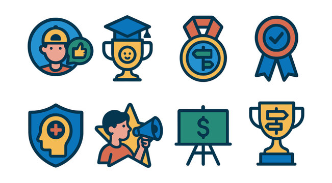 Flat vector icons of youth and student opinion surveys: teen lifestyle survey badge, university life satisfaction poll trophy, high school career preferences medal, young voters opinion poll ribbon,