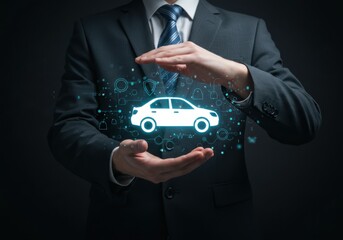 Man in suit protecting car with hands surrounded by digital icons against dark background
