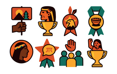 Flat vector icons of indigenous rights activism: land rights protest badge, indigenous heritage preservation trophy, native sovereignty movement medal, traditional knowledge protection ribbon,