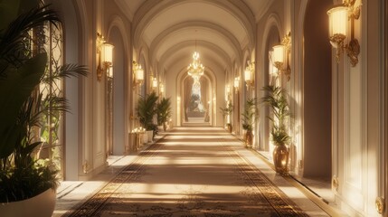 Luxurious hallway, sunlight, elegant decor, interior design, photorealistic,  possible use stock photo