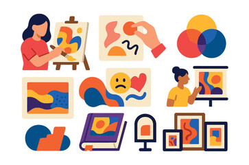 Flat vector icons of exploring abstract art: practicing intuitive painting badge, creating spontaneous compositions badge, working with texture and layering badge, exploring abstract color theories