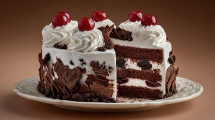 Indulgent Black Forest Cake Slice with Cherries and Chocolate Shavings.