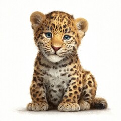 Fototapeta premium Adorable Baby Leopard Sitting Posing Sweetly with Big Blue Eyes a Furry Feline Friend Portrait