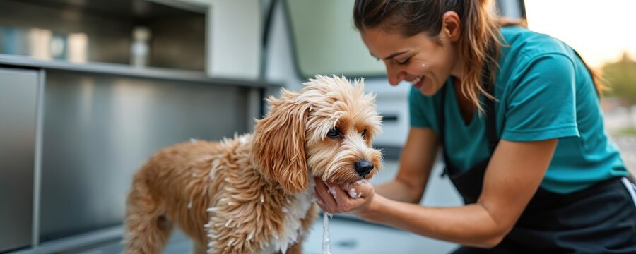 Professional groomer washes dog mobile grooming van. Smiling woman washes dog. Pet care service. Dog enjoys bathing, grooming procedures. Pet hygiene, animal health. Mobile pet grooming concept.