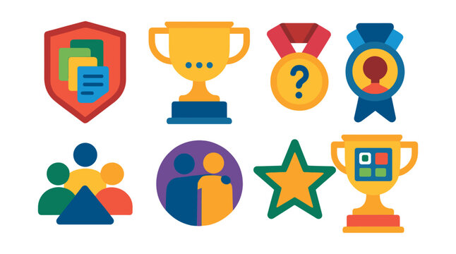 Flat vector icons of inclusive teaching practices: differentiated instruction badge, universal design for learning (UDL) trophy, inquiry-based learning medal, student voice strategy ribbon,