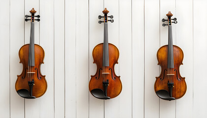 Fototapeta premium violins and their bows are positioned on a white wooden background, accompanied by copy space