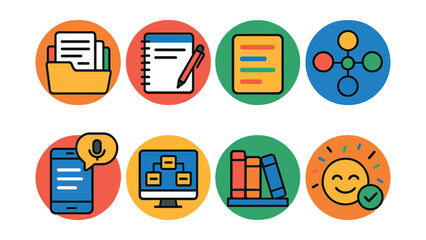 Flat vector icons of creating effective digital notes: organizing notes by topics badge, using digital notebooks badge, color coding notes badge, practicing mind map note taking badge, using voice