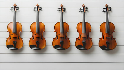 Fototapeta premium violins and their bows are positioned on a white wooden background, accompanied by copy space