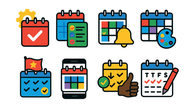 Flat vector icons of mastering digital calendars: setting daily calendar routines badge, organizing tasks into calendars badge, color coding appointments badge, setting calendar reminders badge,