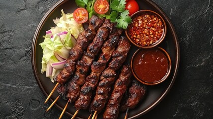Grilled skewers of spiced beef, served with fresh vegetables and dipping sauces