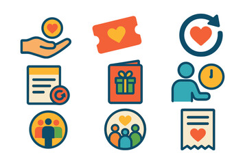 Flat vector icons of donation and charity budgeting: donation hand icon, charity event ticket, recurring donation badge, giving goals sheet, charity gift catalog, volunteer time donation icon,