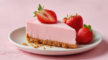Strawberry Bliss Cheesecake Slice with Fresh Berries on Pink.