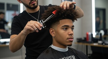 A barber expertly cuts the hair of a young man, creating a trendy and fashionable hairstyle in the salon.