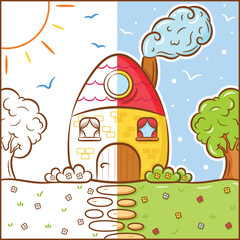 sketch color outline cartoon house coloring page for kids to complete the drawing and color