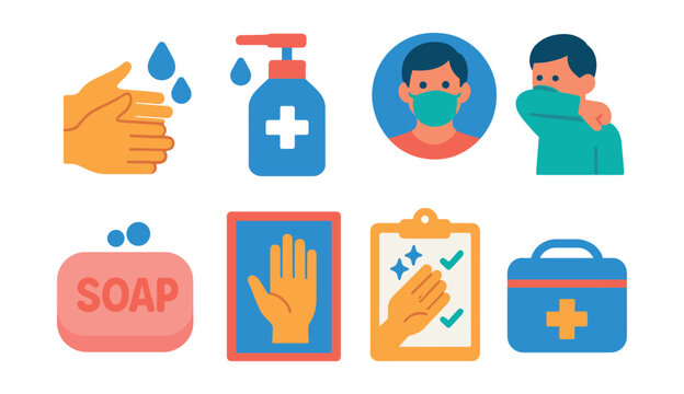 Flat vector icons of personal hygiene: handwashing icon, sanitizer bottle, soap bar icon, mask wearing badge, coughing into elbow symbol, hygiene reminder poster, clean hands checklist, hygiene kit