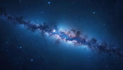 Illustration of bright galaxy with numerous stars under the silent night sky. Blue color, cosmos. Space, universe, astronomy. Deep space, nebula. Full frame ratio, closeup.