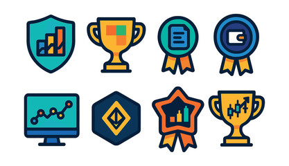 Flat vector icons of Web3 analytics: on-chain activity dashboard badge, gas usage heatmap trophy, contract interaction log medal, wallet behavior insights ribbon, Web3 traffic metrics icon, NFT