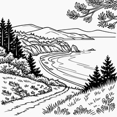 landscape with trees and mountains jungle Nature Scenes & Serenity for Mindful Coloring page vector illustration
