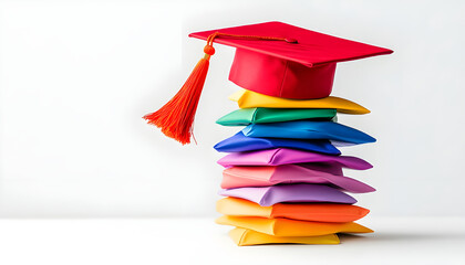 stack of colorful graduation caps is displayed against light gray background, caps are arranged in rainbow order, starting with red cap on top, followed by yellow, green, teal, blue, purple, and pink