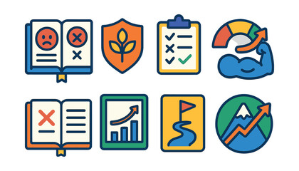 Flat vector icons of learning from failure and resilience: failure reflection journal, growth mindset badge, try again checklist, resilience strength meter, learning from mistakes log, bounce back