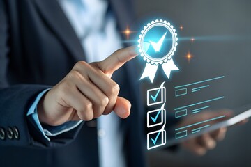 Businessman using laptop with quality assurance and document icon for ISO or International Standard Organization which related quality control and continuous improvement concept.