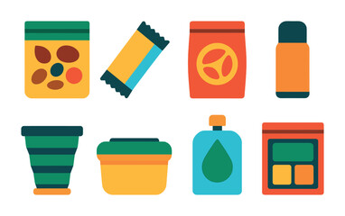 Flat vector icons of hiking snack packs: trail mix bag, protein bar wrapper, dried fruits pouch, mini thermos, foldable cup, reusable snack box, squeeze pouch drink, meal prep in ziplock.