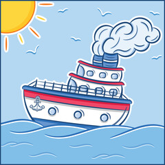 cute cartoon ship coloring page for kids with ocean waves and sun