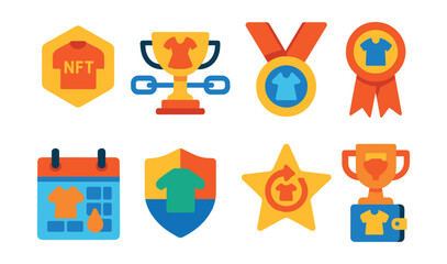 Fototapeta premium Flat vector icons of wearable NFT systems: NFT fashion token badge, blockchain-based garment trophy, minting fashion item medal, NFT ownership proof ribbon, digital drop calendar icon, rarity tier