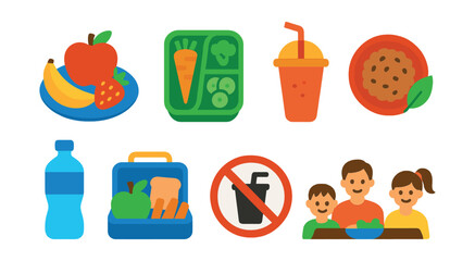 Flat vector icons of healthy eating for kids: colorful fruits plate, veggie snack box, smoothie cup with straw, whole grains meal icon, water bottle for school, healthy lunchbox ideas, no soda badge,