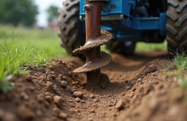 Fototapeta premium Tractor with auger drills into soil for groundwork construction. Auger machine drills earth, creates hole for piles or foundations. Machinery equipment for industrial works on site.