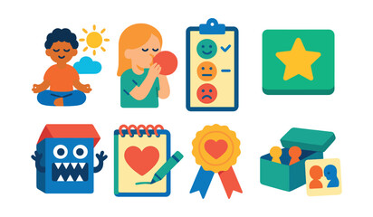 Flat vector icons of kids’ mental health practices: mindfulness exercises for kids, breathing balloon activity, daily emotional check-in icon, self-esteem star card, worry monster box, gratitude