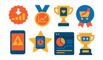 Flat vector icons of mobile app analytics: app downloads statistics badge, retention rate graph medal, mobile user engagement trophy, in-app purchase analysis ribbon, crash rate monitoring badge, app