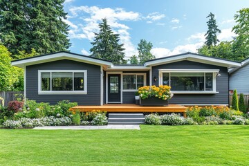 Charming, modern, two-story house with a covered porch, lush landscaping, and a manicured lawn.  Exterior painted in dark gray, featuring white trim and windows, inviting curb appeal