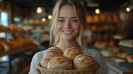 Happy baker holding basket of fresh bread