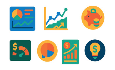 Flat vector icons of financial analytics and insights: personal finance analytics dashboard, spending trends graph, investment growth tracking badge, saving habits analyzer, credit utilization chart,